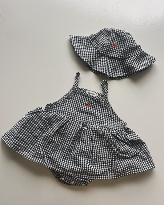 GINGHAM CHERRY DRESS + HAT SET